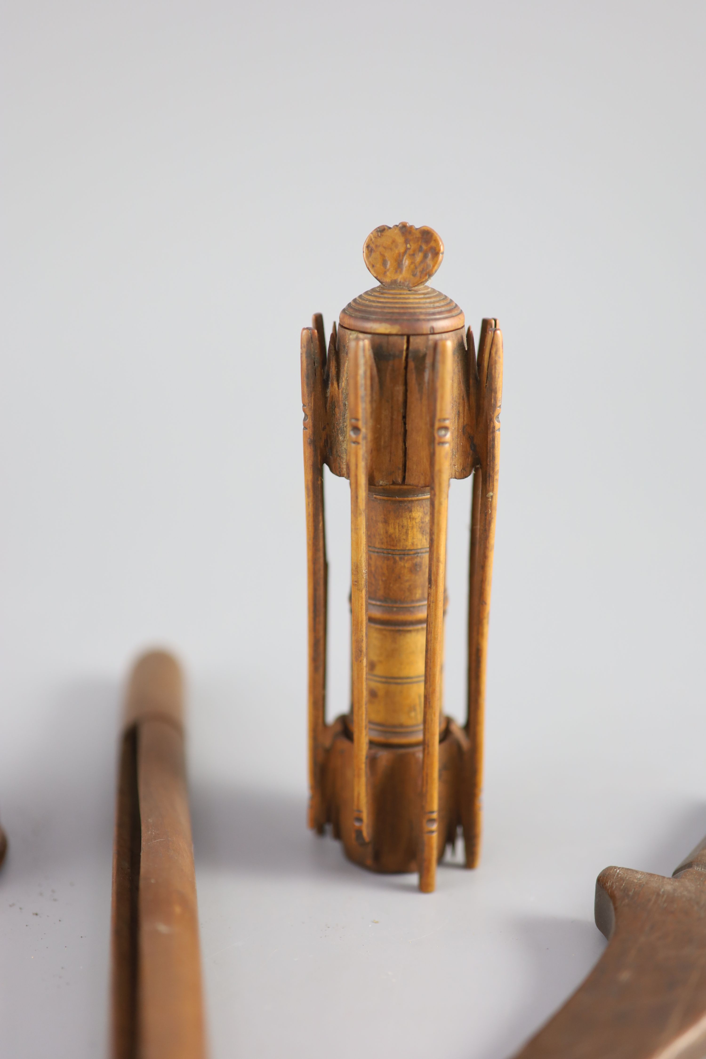 A late 18th century treen spool holder and silk winder